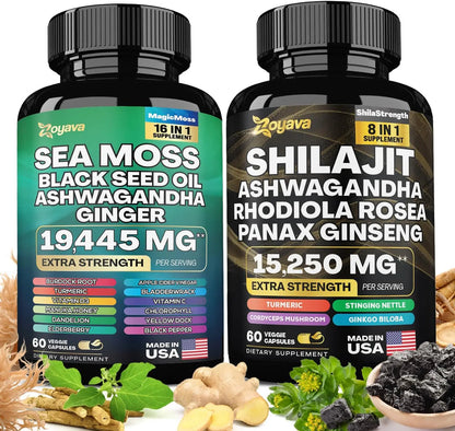 Sea Moss 16-in-1 Magic Blend + Shilajit 8-in-1 Bulletproof Blend